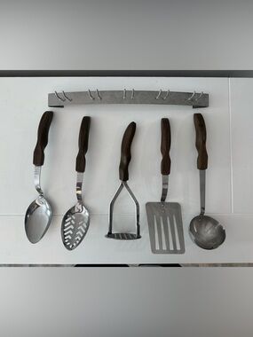 Vintage CUTCO Brown Swirl Utensil Set of 5 With Hanging Rack